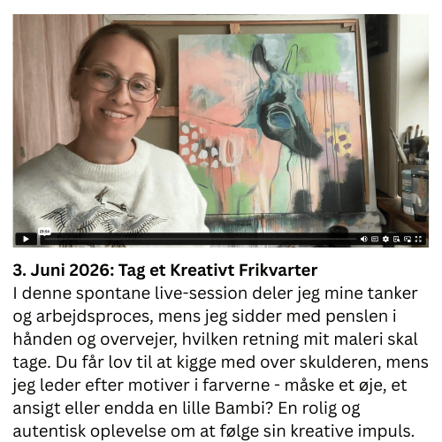Tag et kreativt frikvarter og mal dig til ro! I denne spontane live-session deler jeg mine tanker og arbejdsproces, mens jeg sidder med penslen i h&aring;nden og overvejer, hvilken retning mit maleri skal tage. Du f&aring;r lov til at kigge med over skulderen, mens jeg leder efter motiver i farverne - m&aring;ske et &oslash;je, et ansigt eller endda en lille Bambi? En rolig og autentisk oplevelse om at f&oslash;lge sin kreative impuls.
